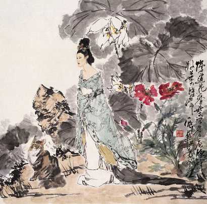 华其敏 2005年作 荷塘仕女 镜心